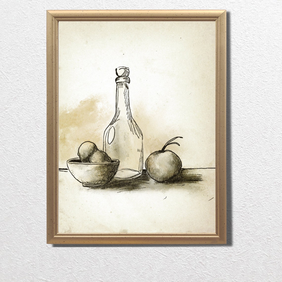Vintage Still Life Sketch Bottle Bowl Fruit Neutral Kitchen Poster - Image 3