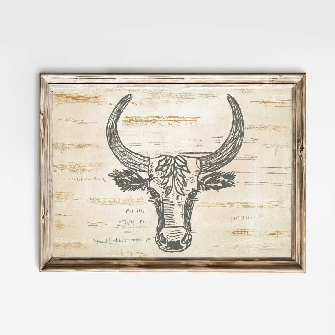 Longhorn Cow Head Line Sketch In Rustic Western Style Wall Art