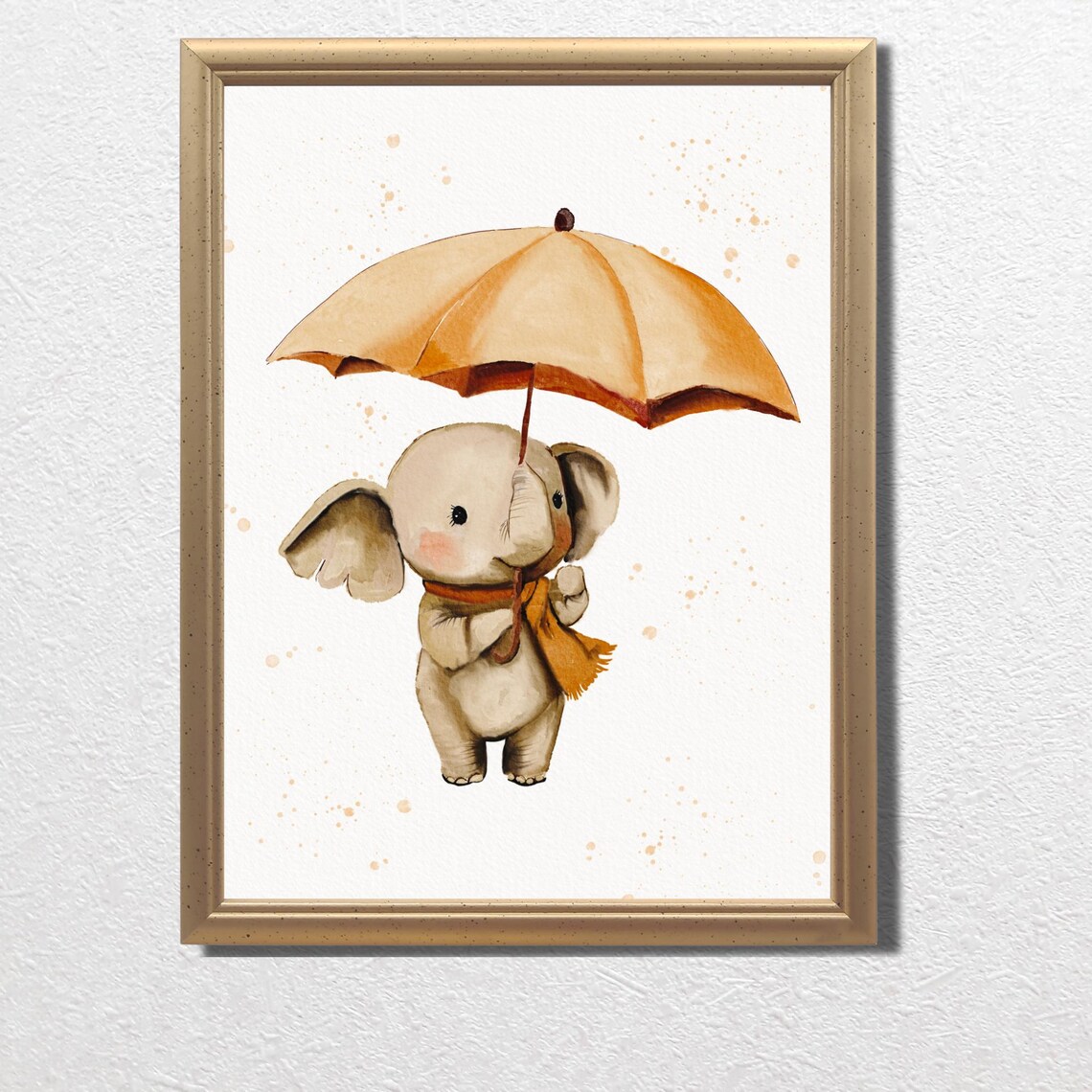 Baby Elephant Holding Golden Umbrella Orange Scarf Nursery Print - Image 3