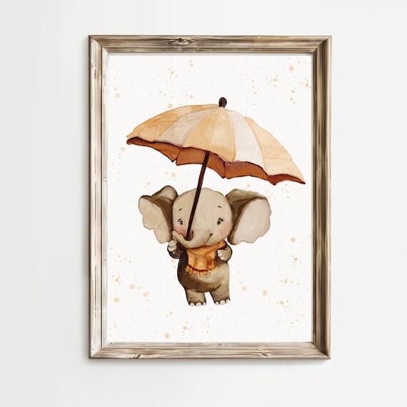 Watercolor Baby Elephant With Umbrella and Scarf Nursery Poster