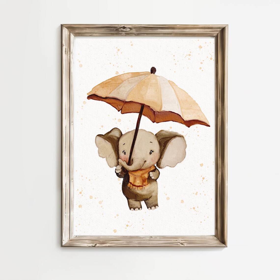Watercolor Baby Elephant With Umbrella and Scarf Nursery Poster