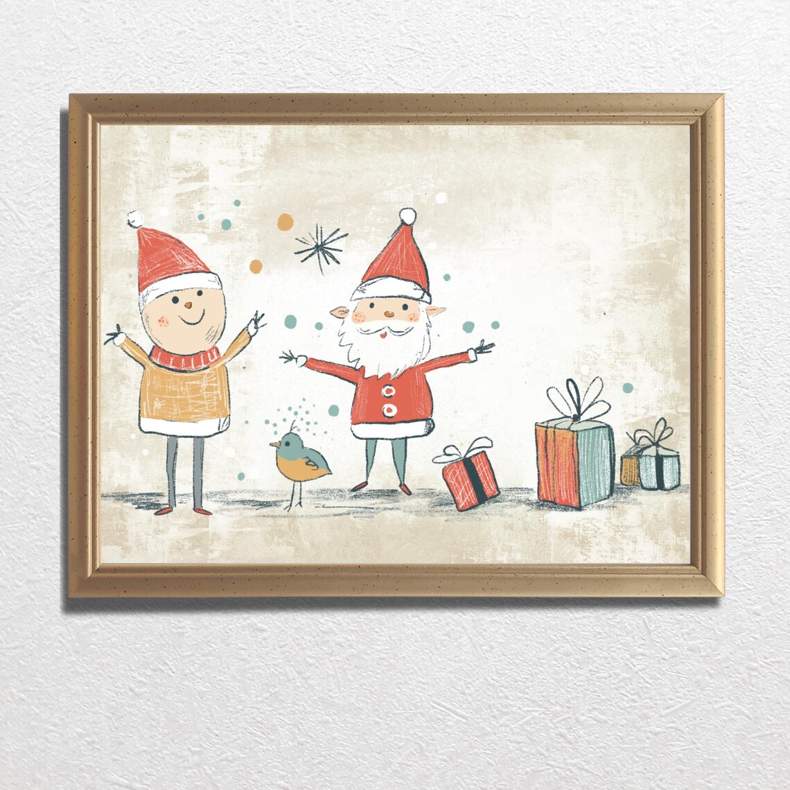 Watercolor Santa with Friend Gifts and Bird Cute Christmas Art Print - Image 3