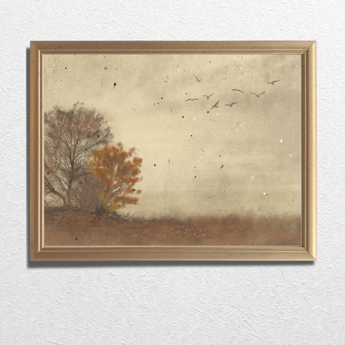 Flock Of Birds Over Lone Autumn Tree In Misty Landscape Wall Art - Image 3