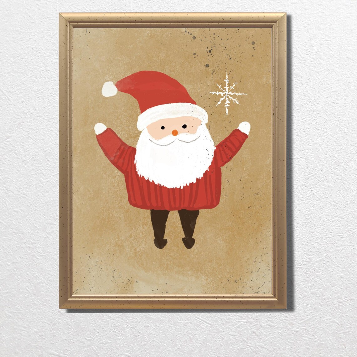 Cheerful Santa Claus Arms Raised Snowflake Vintage Christmas Print - Image 3