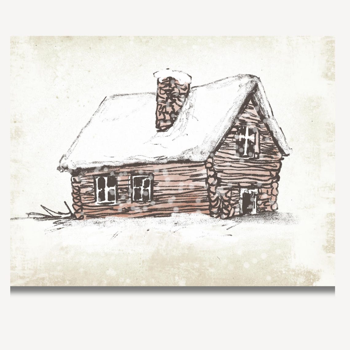 Snow Covered Rustic Log Cabin Winter Watercolor Sketch Poster - Image 2