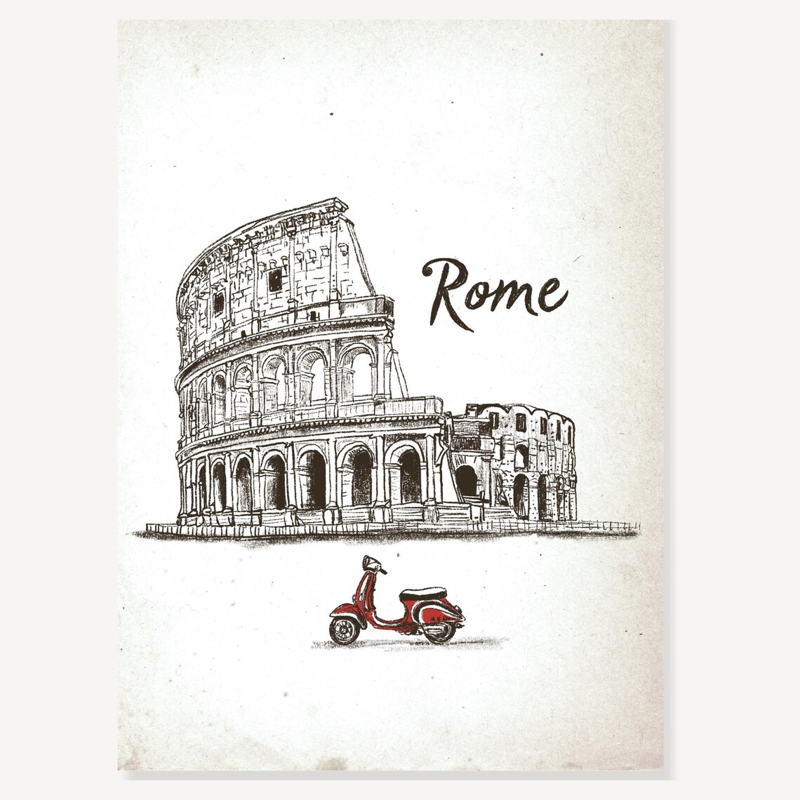 Rome Colosseum and Red Vespa Scooter Ink Sketch Italy Travel Poster - Image 2