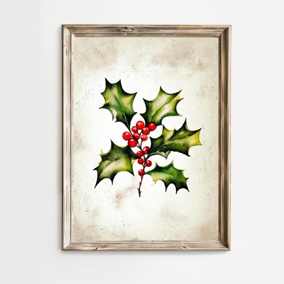 Christmas Holly Sprig With Red Berries Watercolor Holiday Poster