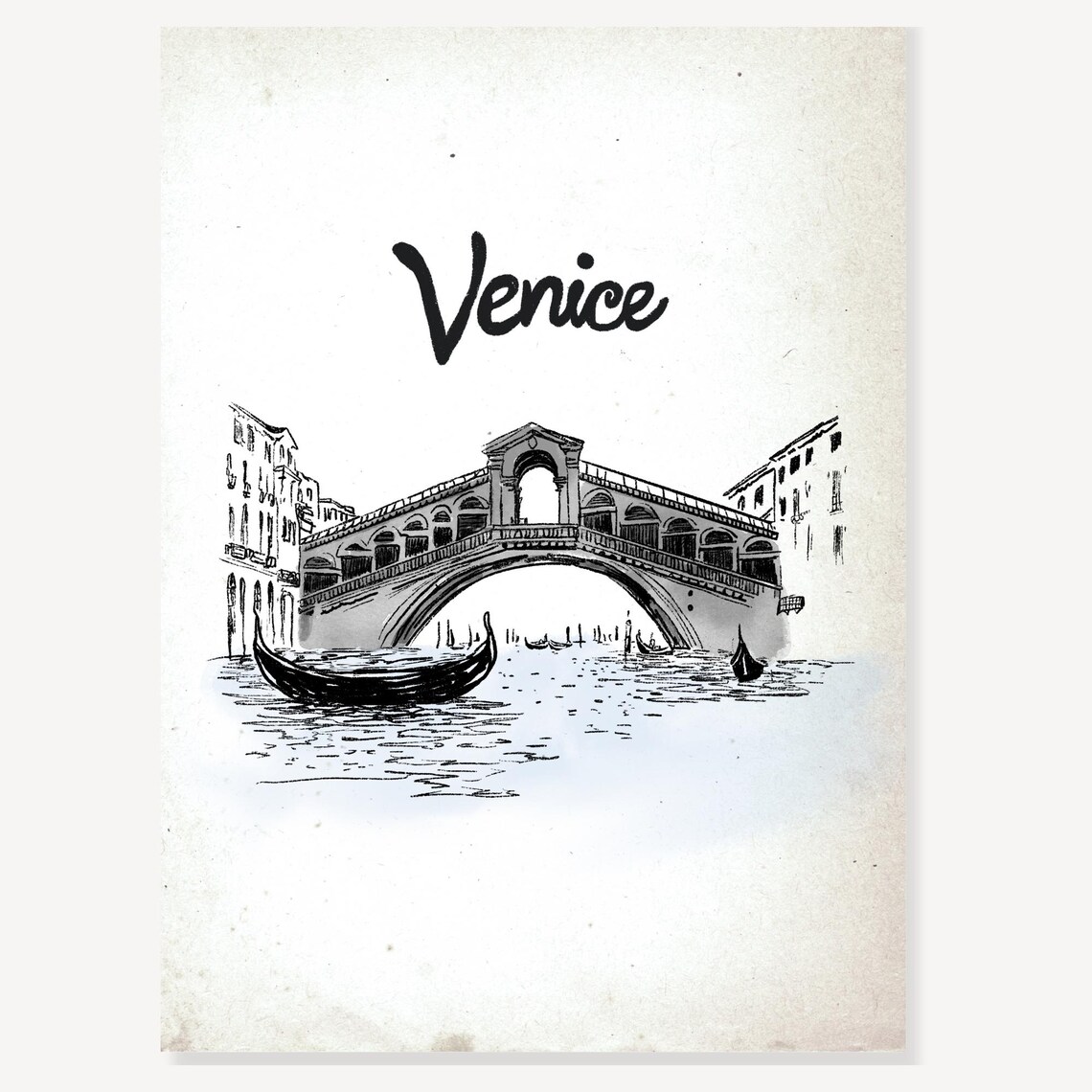 Venice Rialto Bridge Gondola Ink Sketch Vintage Italy Travel Poster - Image 2