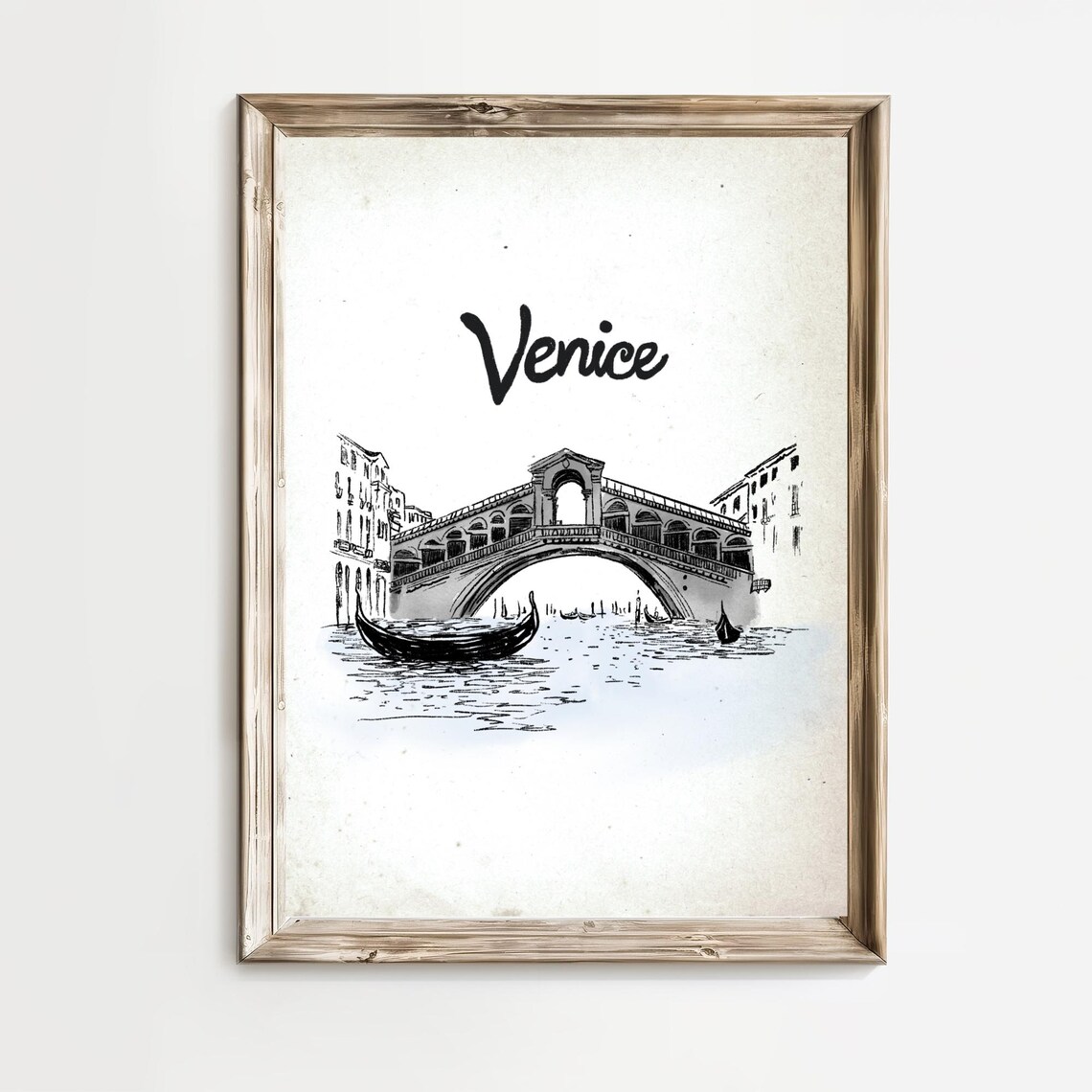 Venice Rialto Bridge Gondola Ink Sketch Vintage Italy Travel Poster
