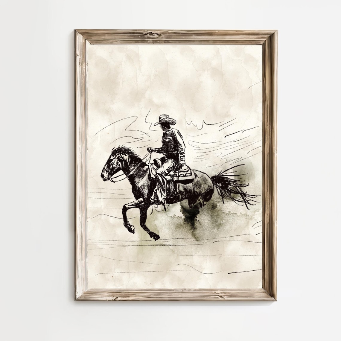 Galloping Cowboy On Horseback Ink Sketch Western Adventure Poster