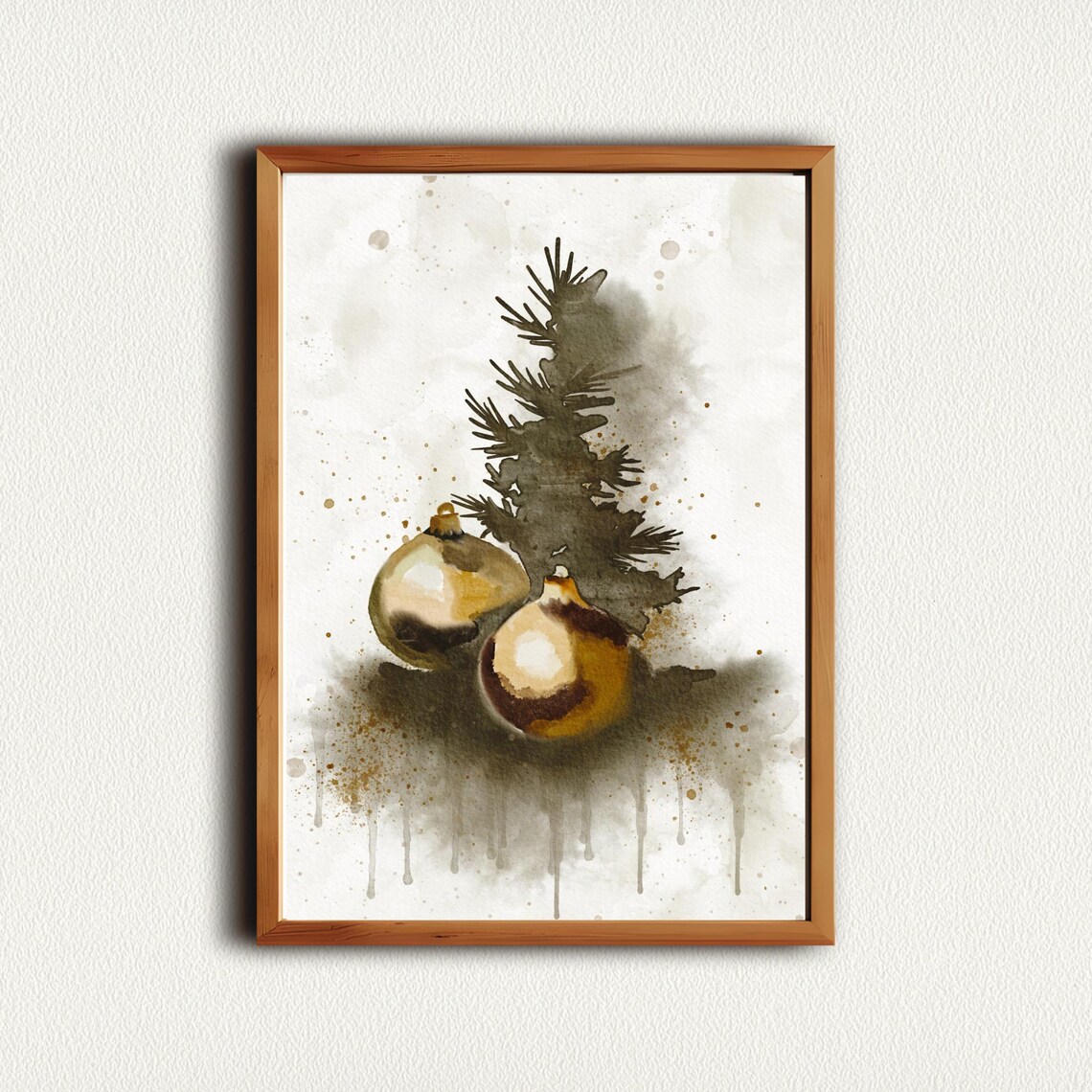 Gold Christmas Ornaments And Evergreen Sprig Watercolor Holiday Poster - Image 4