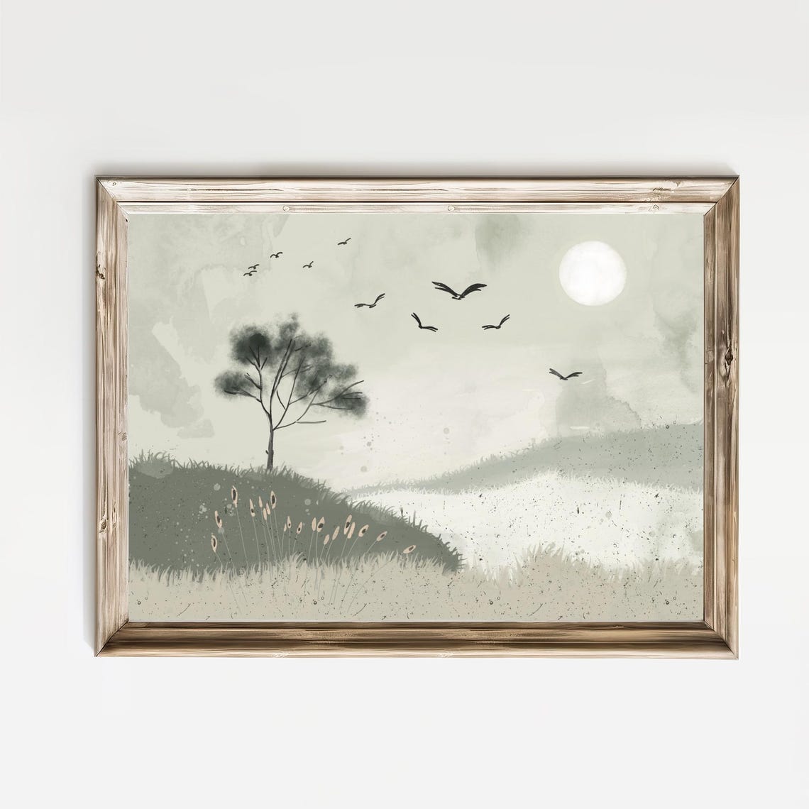 Monochrome Moonlit Hills With Birds And Lone Tree Landscape Wall Art - Image 2