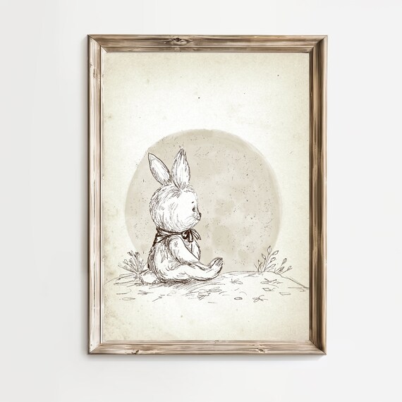 Bunny Rabbit Under Moonlight Sketch Vintage Nursery Art Poster