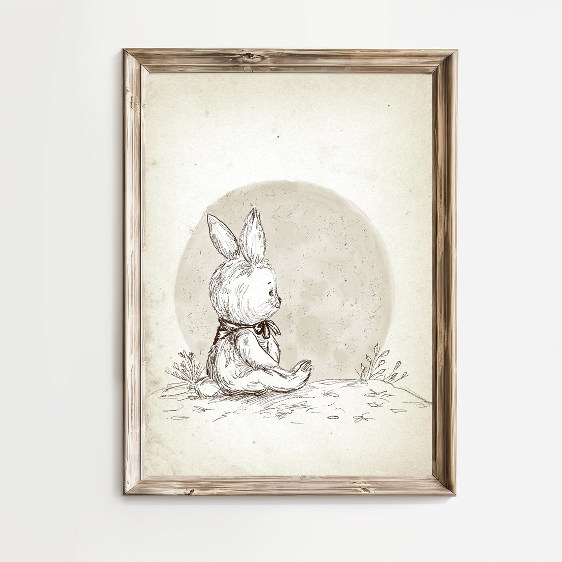 Bunny Rabbit Under Moonlight Sketch Vintage Nursery Art Poster