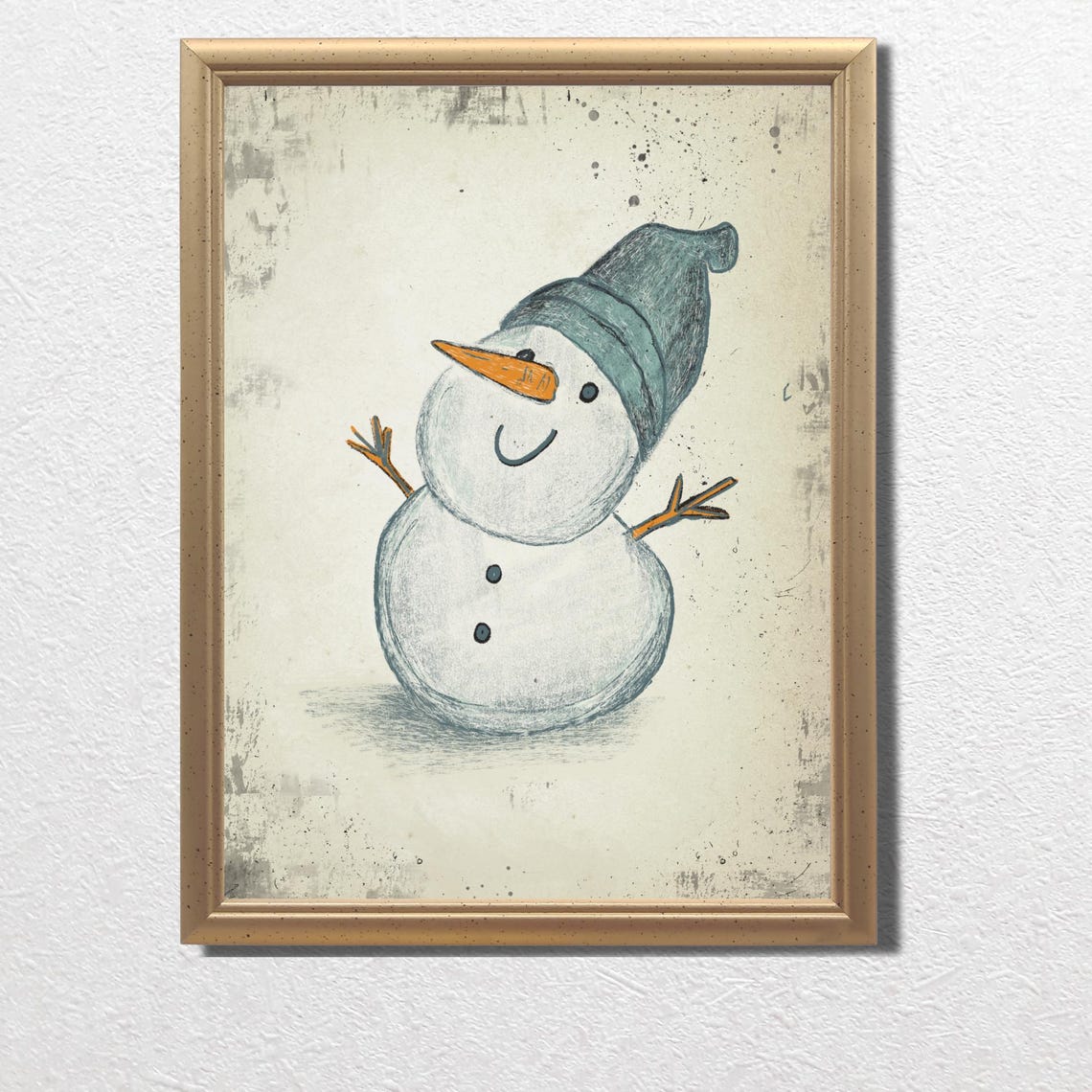 Smiling Snowman in Blue Nightcap Vintage Christmas Art Print - Image 3