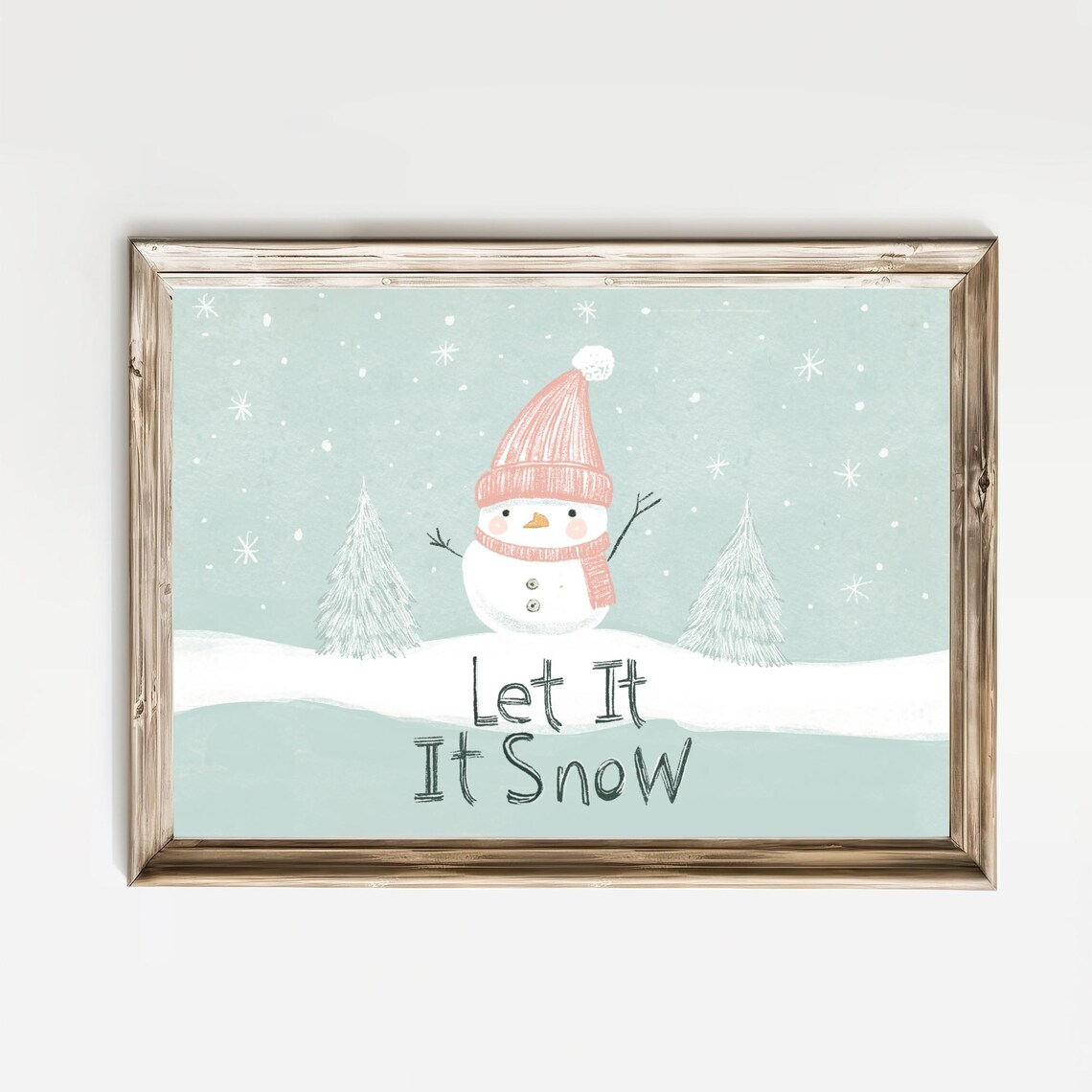 Let It Snow Snowman Pink Hat Winter Scene Kids Christmas Print