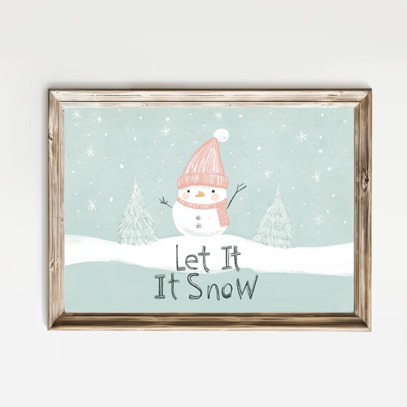 Let It Snow Snowman Pink Hat Winter Scene Kids Christmas Print