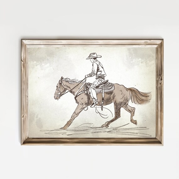 Cowboy Riding Horseback Sepia Sketch Western Ranch Art Poster
