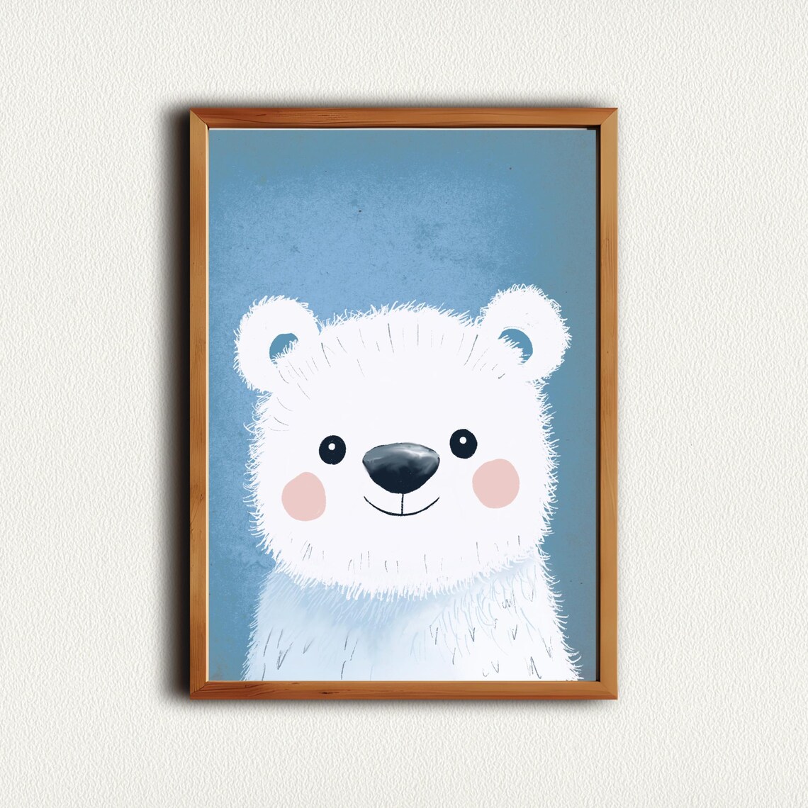 Adorable White Polar Bear Cub Face on Soft Blue Nursery Poster
