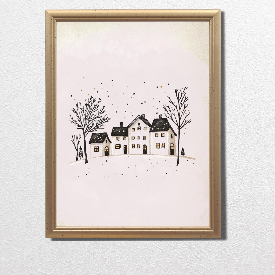 Snowy Christmas Village Houses Falling Snow Minimal Wall Art - Image 3
