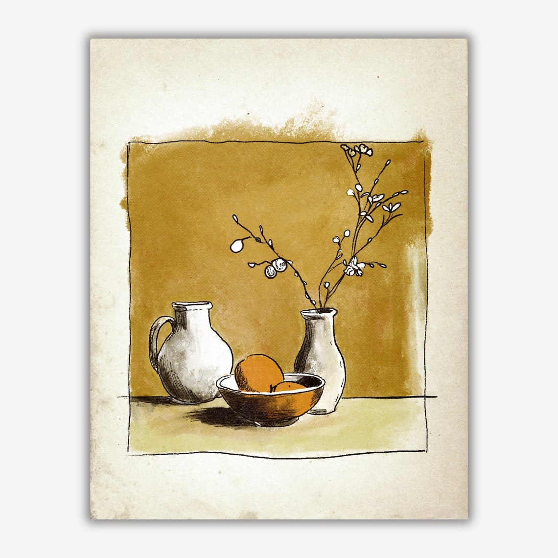 Rustic Still Life Pitcher Vase Blossoms Bowl Oranges Ochre Poster - Image 2
