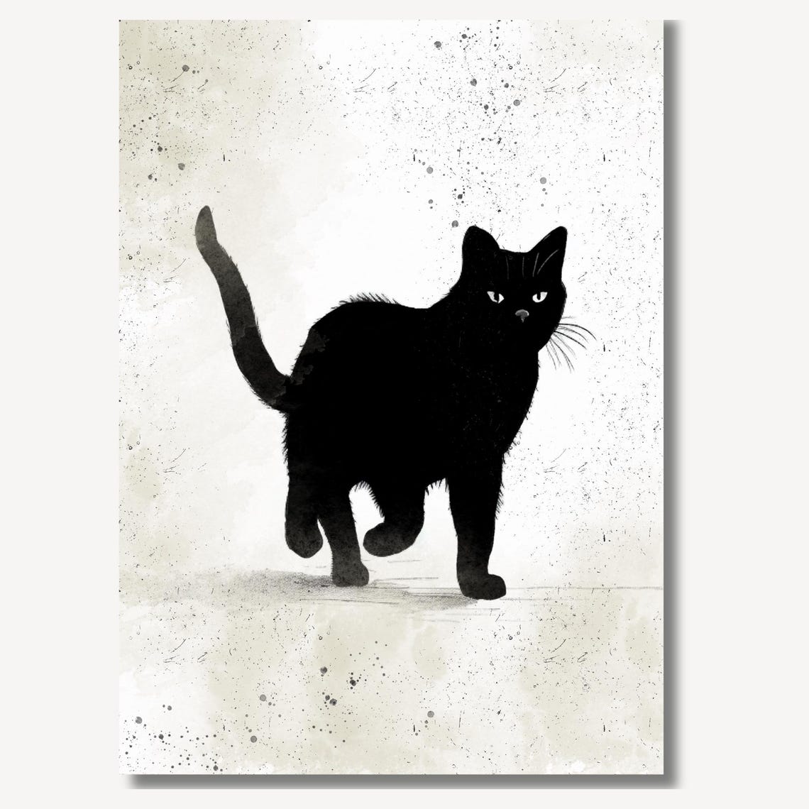 Black Cat Walking Toward Viewer With Tail Up in Ink Art Poster - Image 2