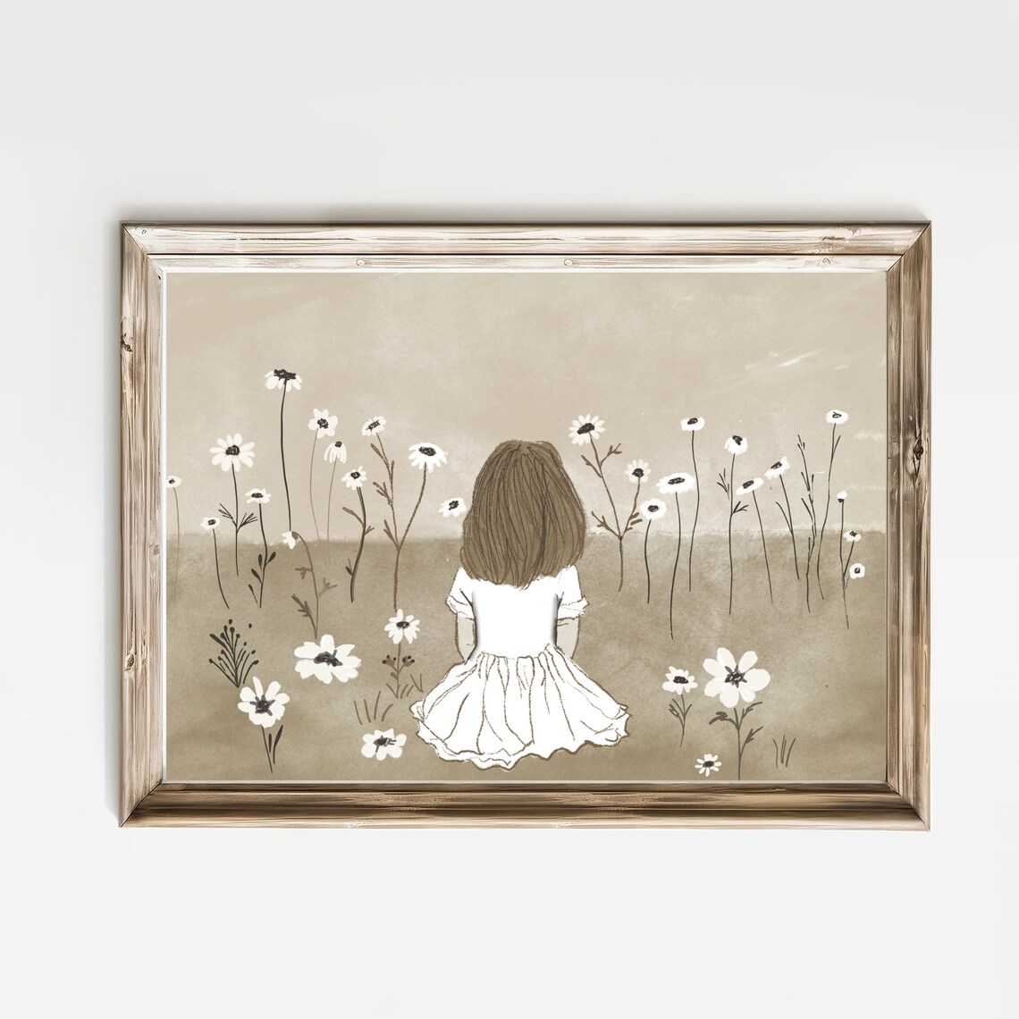 Little Girl in White Dress Wildflower Field Nursery Sketch Poster
