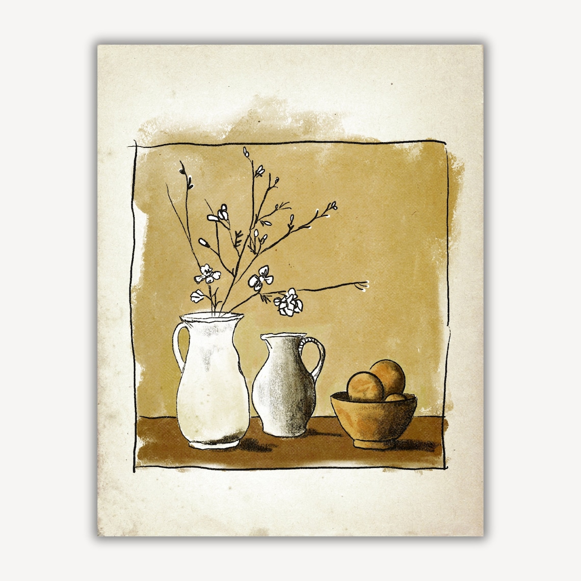 Sepia Still Life Two Jugs Blossom Branches Bowl Oranges Vintage Poster - Image 3