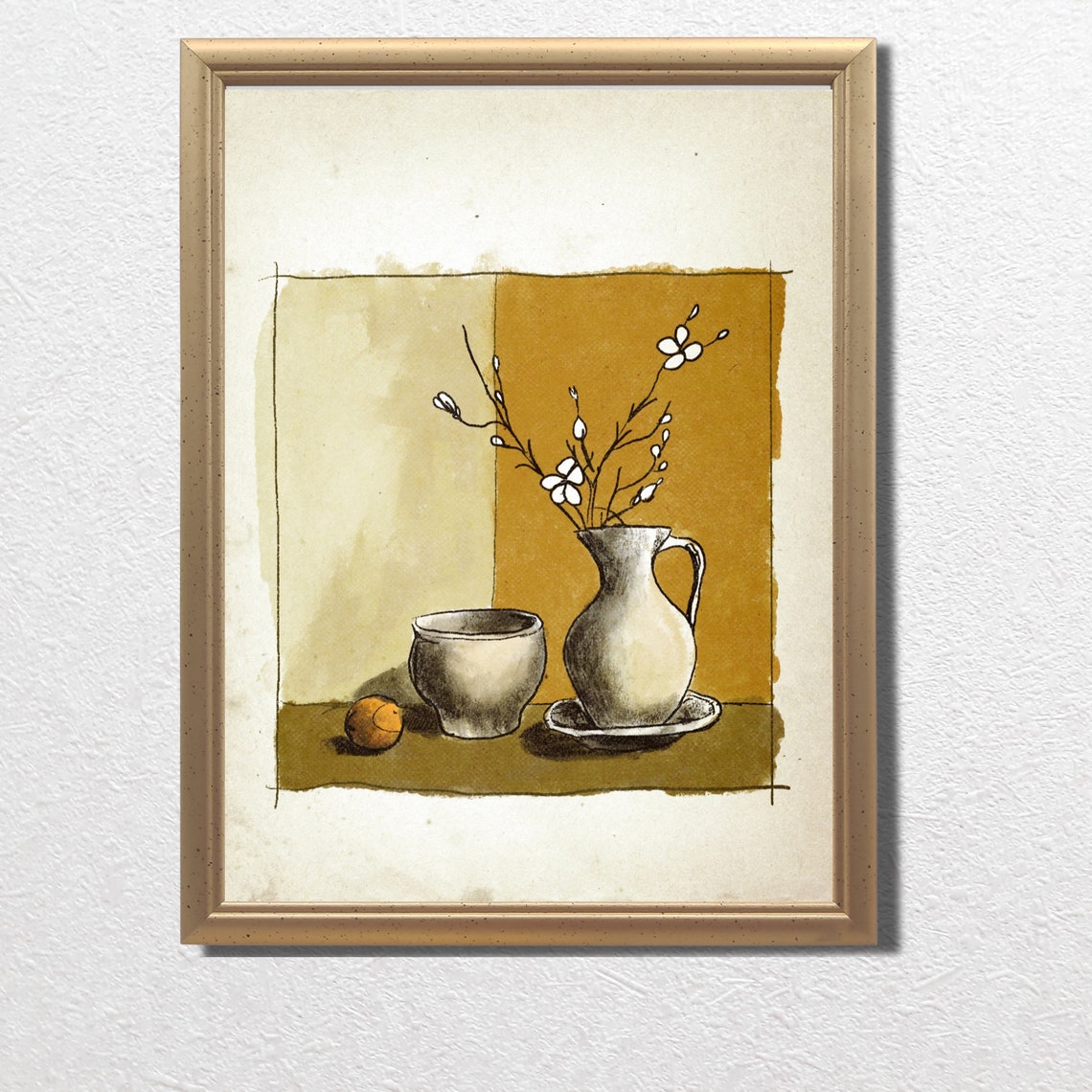 Antique Still Life Jug Blossom Branches Pot Orange Sepia Wall Art - Image 2