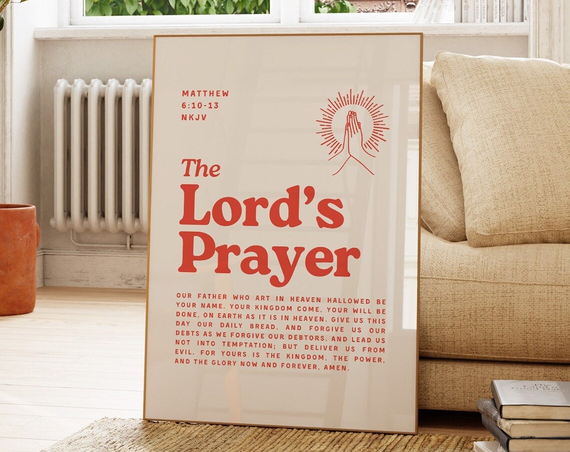The Lords Prayer Matthew 6 10 13 Red Retro Praying Hands Christian Wall Poster