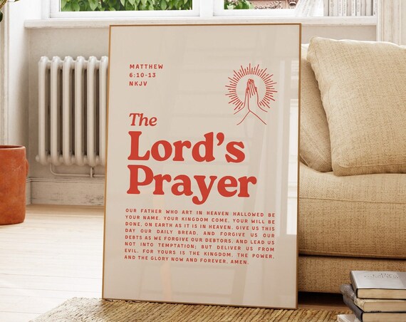 The Lords Prayer Matthew 6 10 13 Red Retro Praying Hands Christian Wall Poster