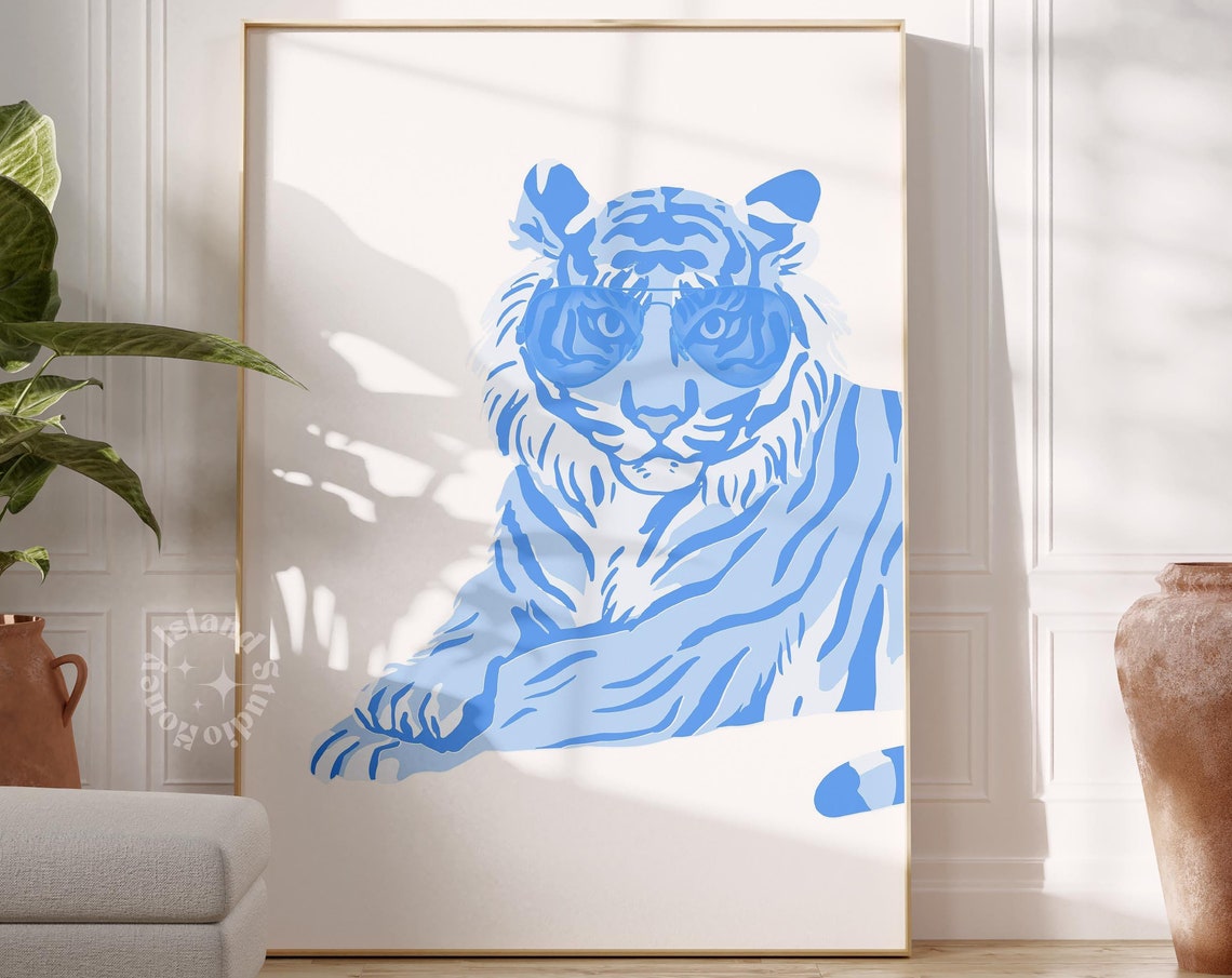 Blue Tiger Wearing Sunglasses Preppy Maximalist Animal Poster