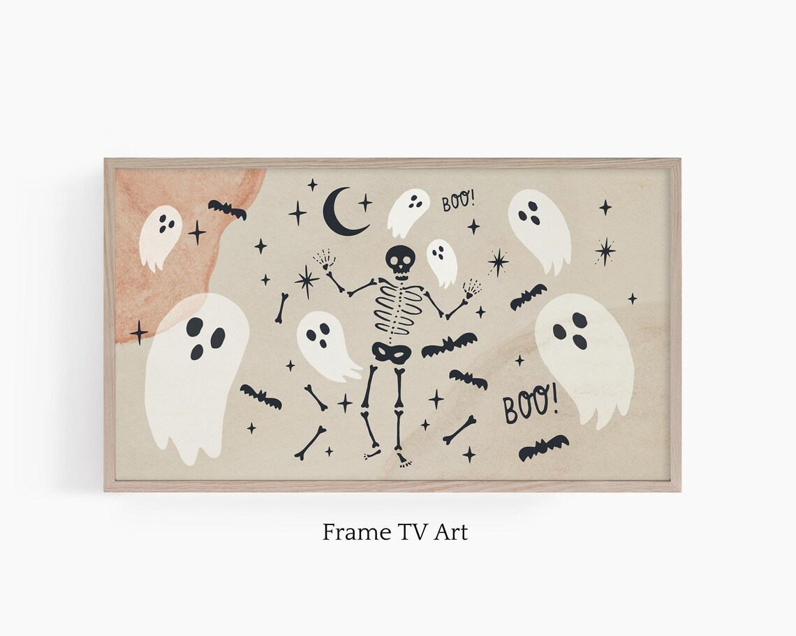 Halloween Dancing Skeleton, Neutral Modern Farmhouse Art Print
