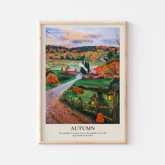 Fall Landscape Watercolor Farmhouse Art Print