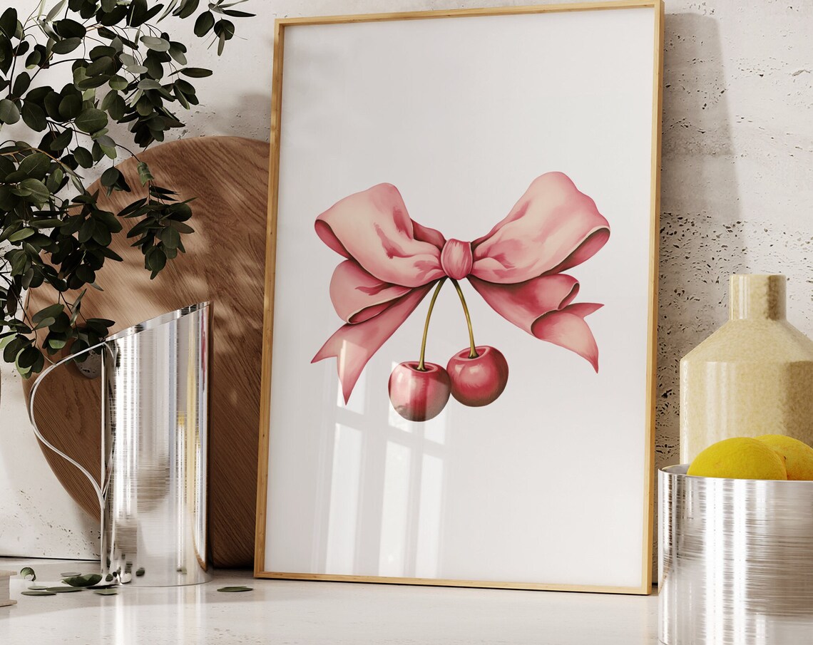 Coquette Pink Bow Cherry Wall Art Trendy Aesthetic Bedroom Print