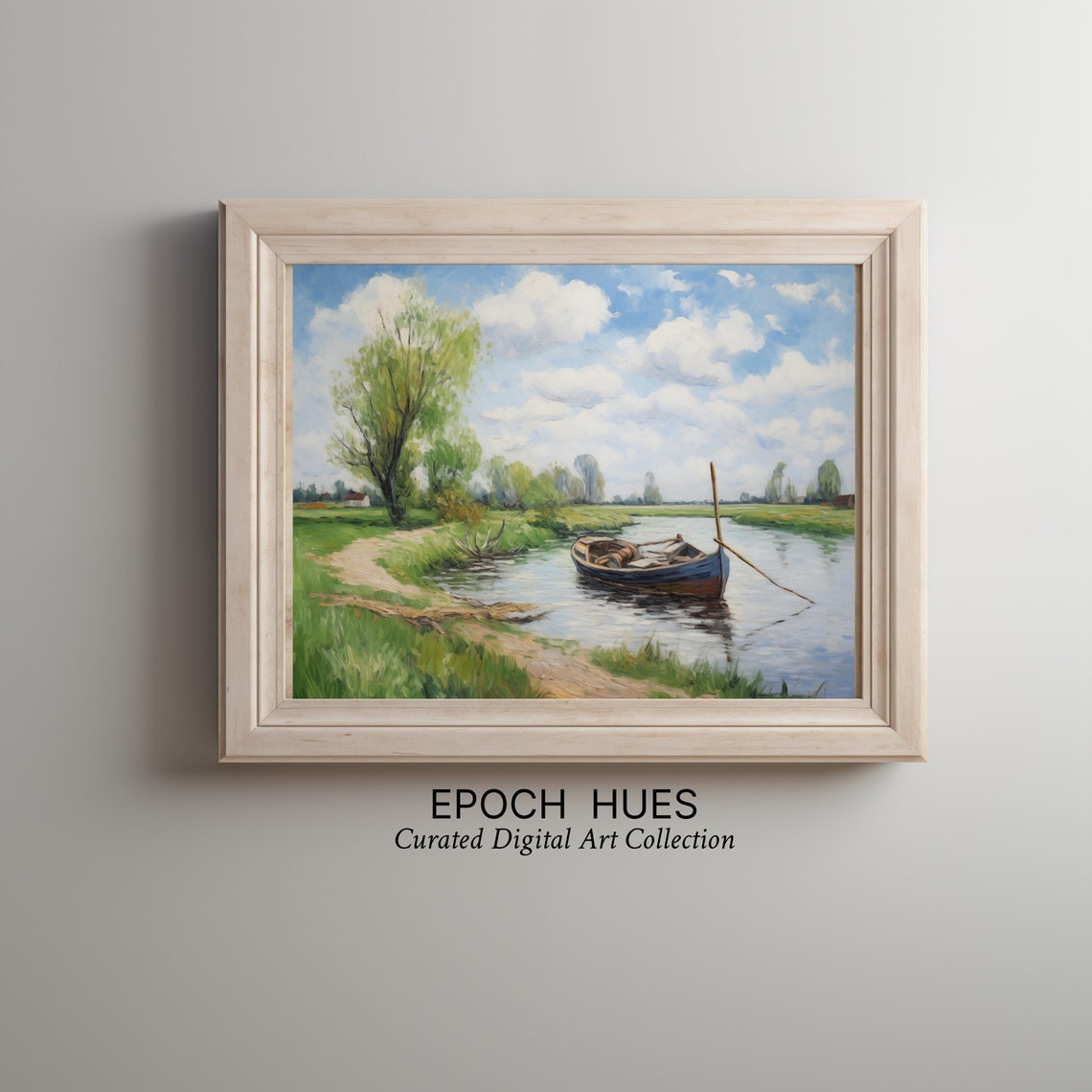 Serene River Landscape Painting Blue Boat Resting By Verdant Riverbank Artwork - Image 2