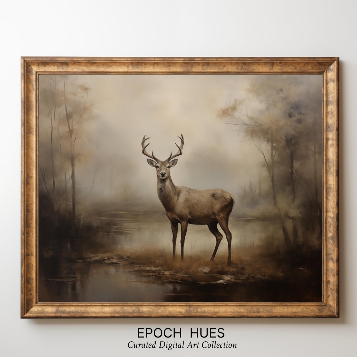 Red Deer Stag Misty Lake Sepia Tones Wildlife Painting Wall Art