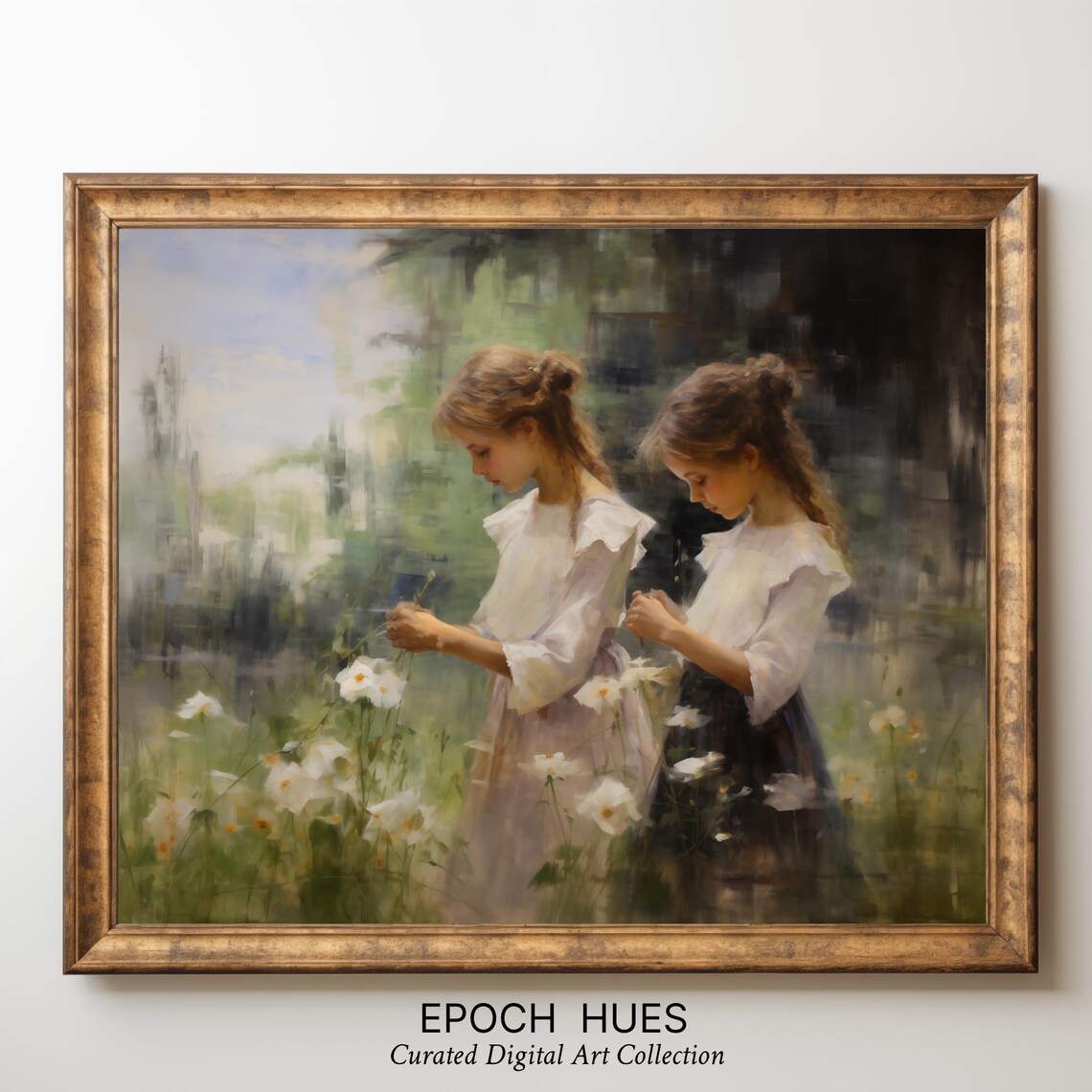 Two Girls Picking White Daisies in Sunny Meadow Soft Art Poster