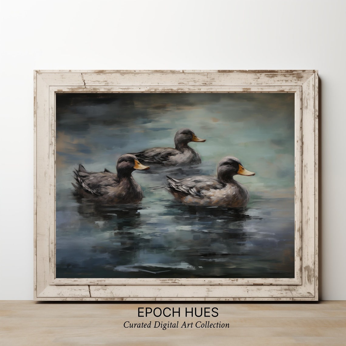 Three Ducks Swimming on Dark Water Moody Wildlife Painting Poster - Image 3