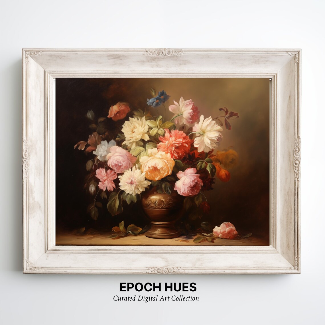Peonies and Roses in Bronze Vase Dark Floral Still Life Poster - Image 3