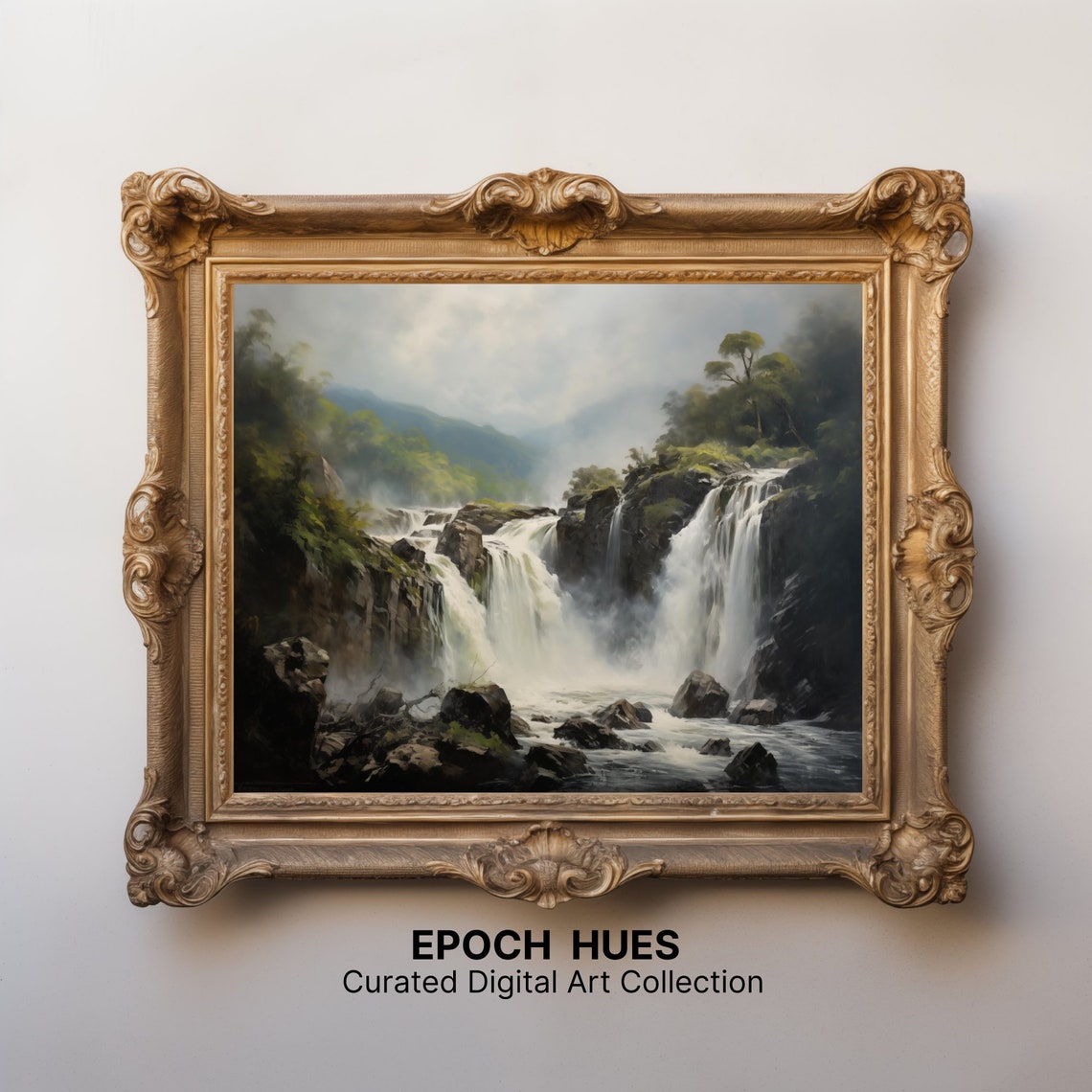 Majestic Waterfall Landscape Painting Wall Art Print Nature Scenery Home Decor Tranquil Waterfall Artwork Forest Stream