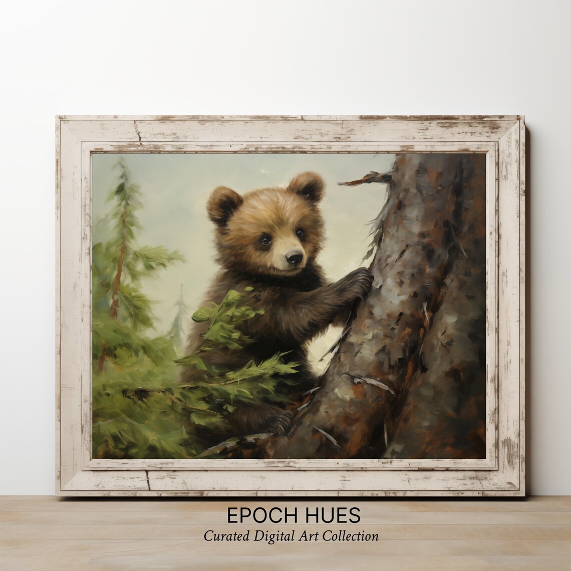 Adorable Baby Bear Cub Climbing a Tree in Green Forest Poster - Image 2