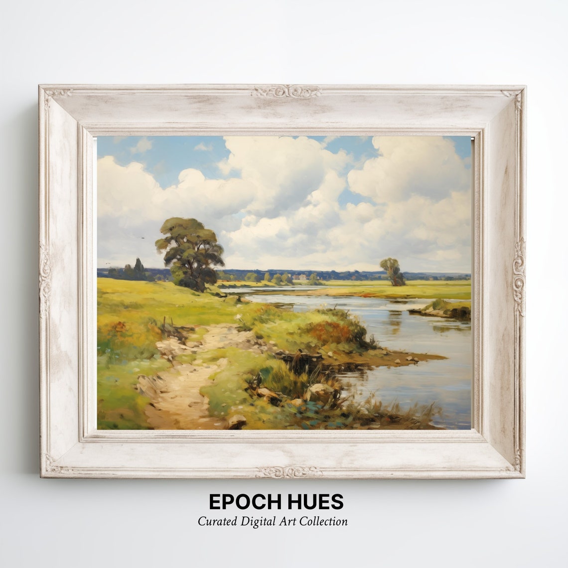 Rustic Landscape Painting Countryside Scenery Art Wall Decor Nature Scene With Trees And Clouds - Image 3
