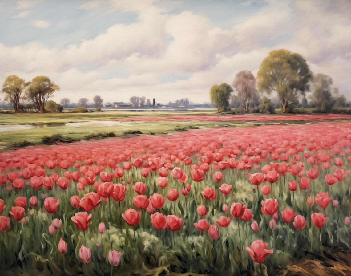 Rustic Tulip Field Spring Countryside Landscape - Image 2