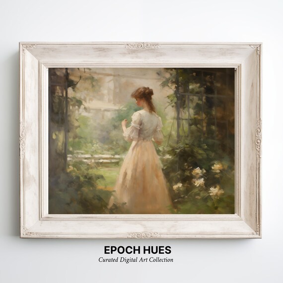 Woman In Cream Dress In Flowering Conservatory Romantic Vintage Poster