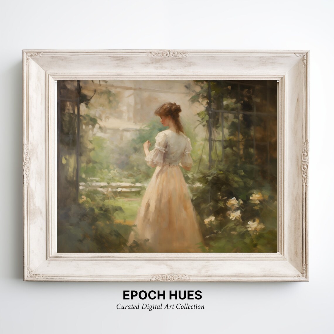 Woman In Cream Dress In Flowering Conservatory Romantic Vintage Poster
