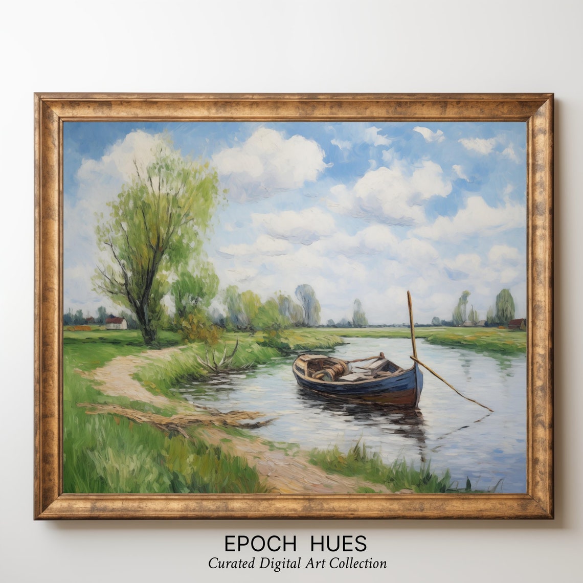 Serene River Landscape Painting Blue Boat Resting By Verdant Riverbank Artwork - Image 3