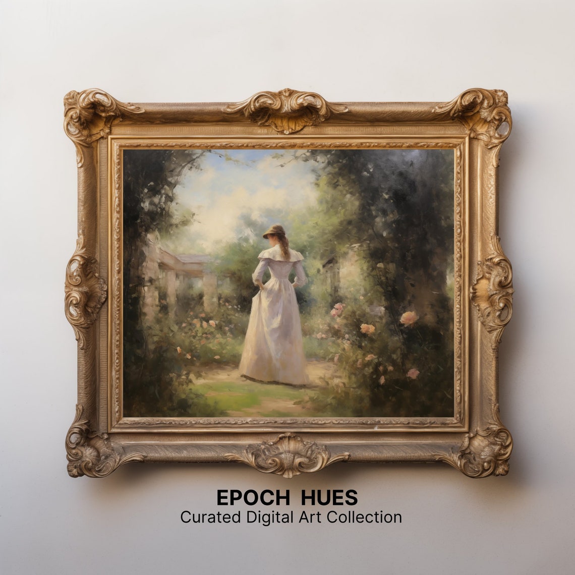 Sunlit Lady With Hat Rose Garden Path Summer Painting Wall Art - Image 3