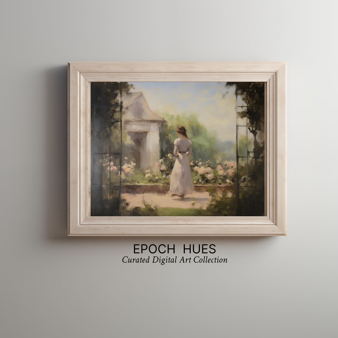 Woman In White Gown Garden Pavilion Pink Roses Painting Poster
