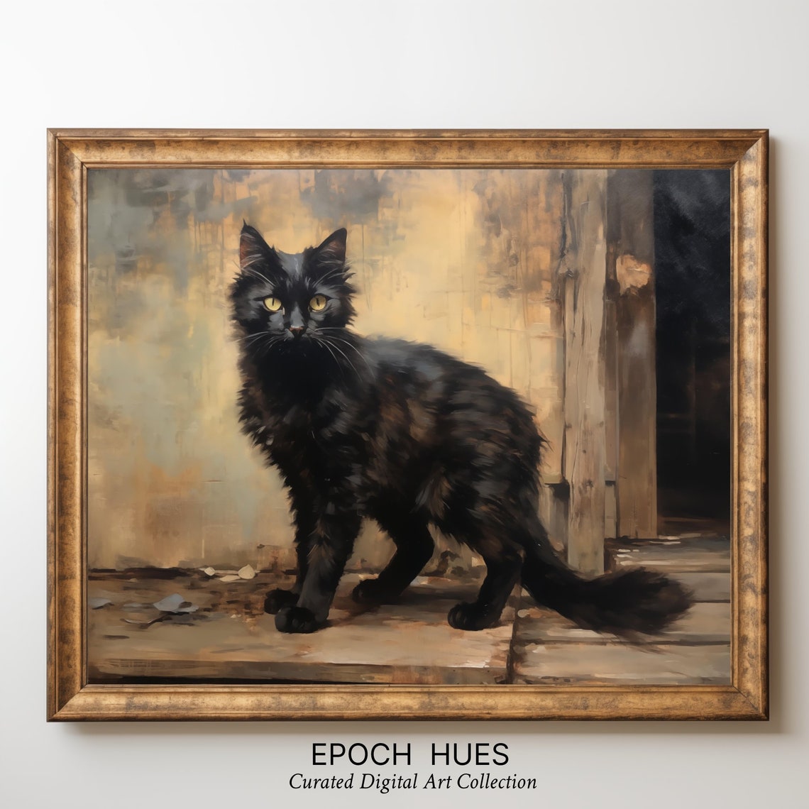 Black Long Haired Cat With Golden Eyes Rustic Porch Portrait Poster - Image 3